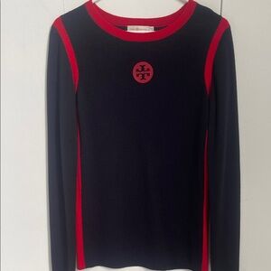 Tory Burch Blue and Red Logo Merino Wool Sweater size Medium